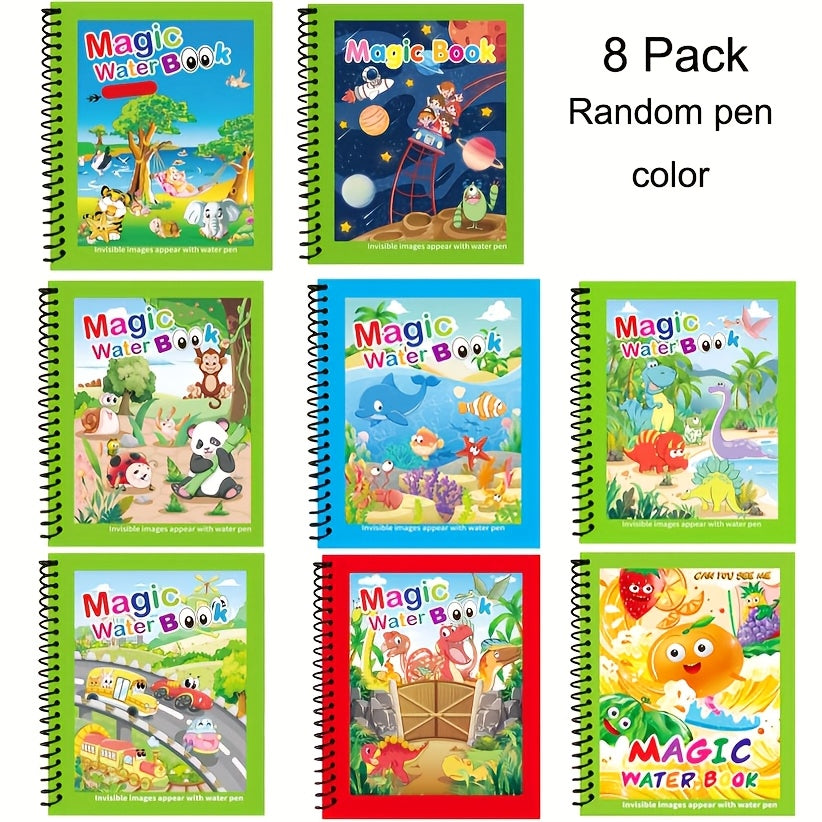 Hatwoo 8 Pack Magic Water Book With Pen (Random Color), Educational Magic Water Painting Book, Reusable Graffiti Filling Book, Christmas Gift