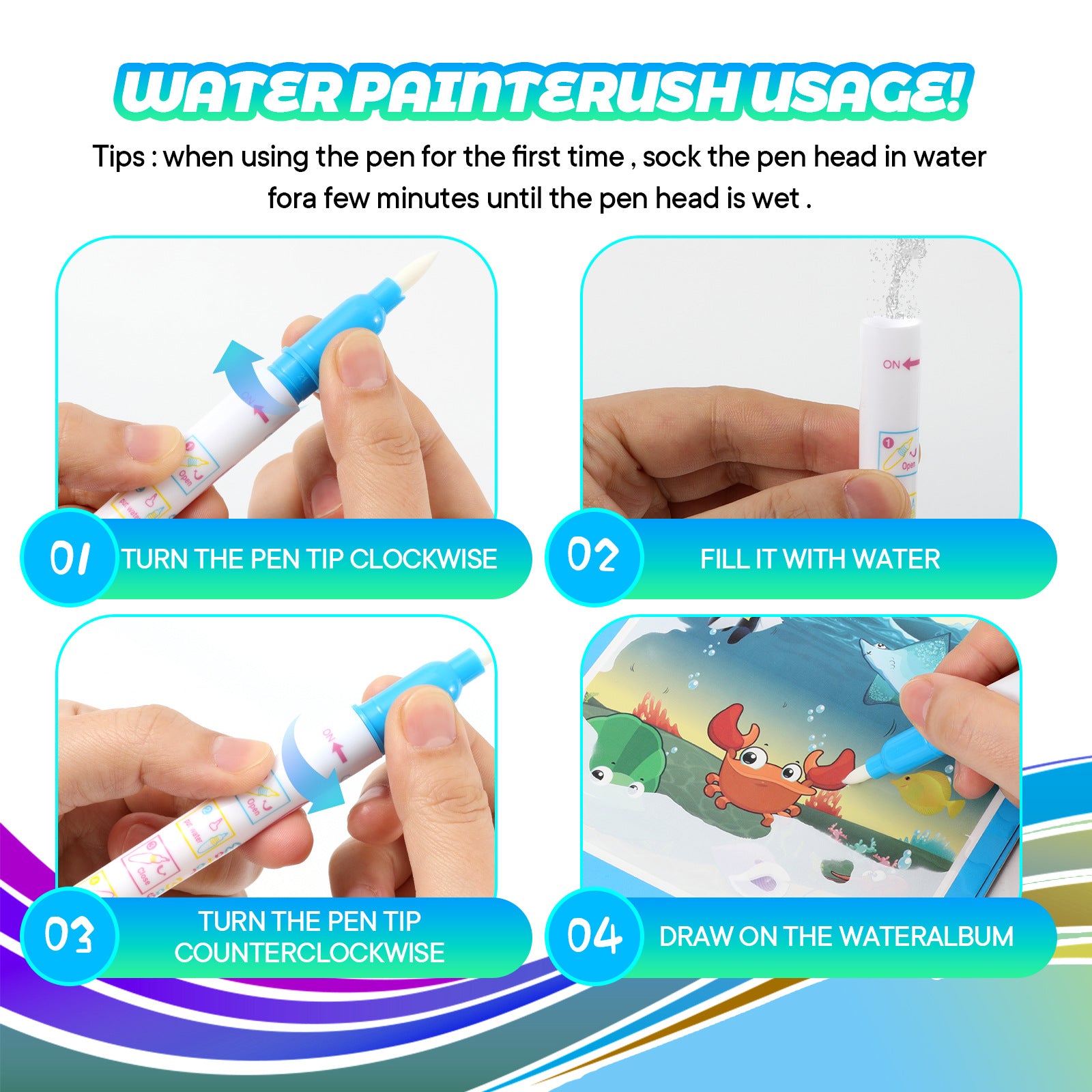 Hatwoo 12 Pack Magic Water Book With Pen (Random Color), Educational Magic Water Painting Book, Reusable Graffiti Filling Book, Christmas Gift