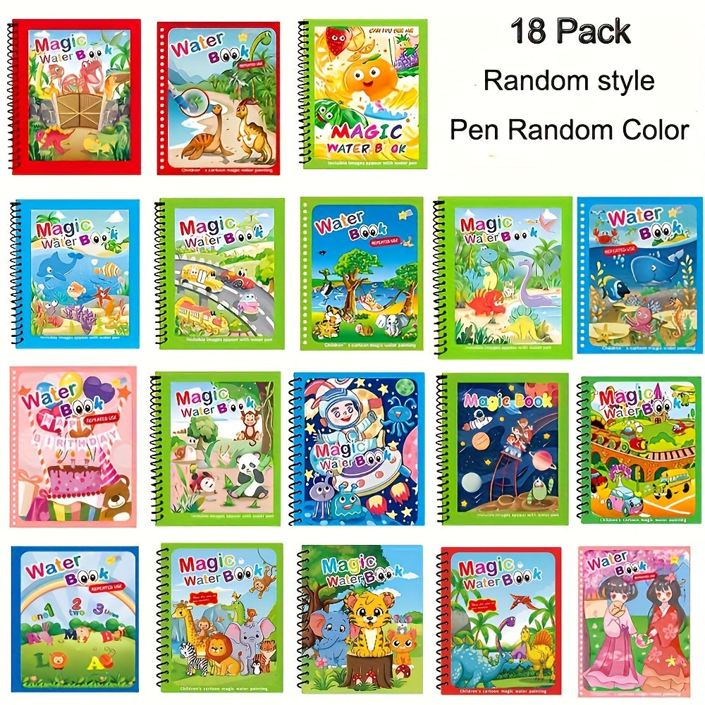 Hatwoo 18 Pack Magic Water Book With Pen (Random Color), Educational Magic Water Painting Book, Reusable Graffiti Filling Book, Christmas Gift